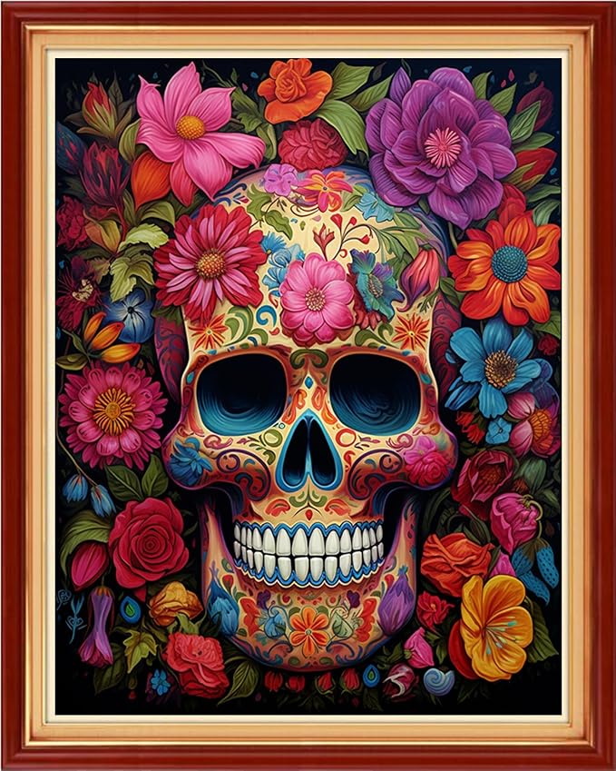 Dimxvean Stamped Cross Stitch Kits,Cross Stitch Kits for Adults Beginners,Embroidery Kits Full Range of Cross Stitch Stamped Kits Needlepoint Kits Cross Stitch Patterns-Colorful Skull 16x20 inch