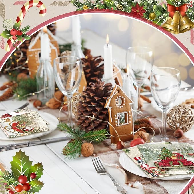 Janlaugh 200 Pcs Christmas Cocktail Napkins Disposable Nutcracker Paper Napkins Decoupage 2 Ply Vintage Santa Beverage Dinner Towels for Xmas Party Favor Supplies