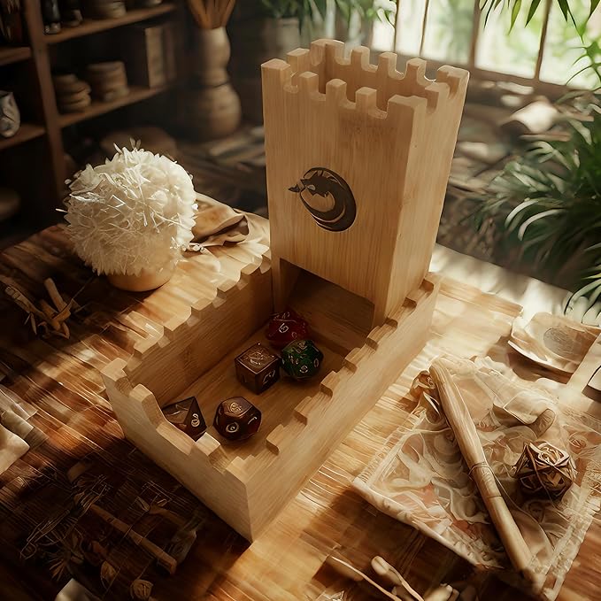 Bamboo Dice Tower DND Dice Roller, Foldable Magnetic Die Roller Castle for Dungeons and Dragons, Board Game, D&D Tabletop Game and RPG Games