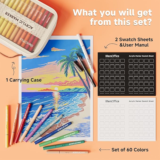 MemOffice Direct Liquid Acrylic Paint Markers, 60 Colors Brush Tip Pens with Carrying Case, No Bleed, Waterproof, for Rock, Wood, Canvas, Glass, Fabric, DIY Crafts for Adults & Kids