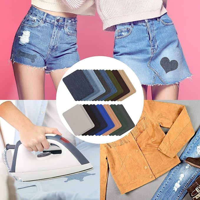 Tatuo 30 Pieces Iron on Patches for Clothing Repair Fabric Patches Iron on for Denim Jean Repair Decorating Kit Canvas Fabric for Puffer Down Jacket(Classic Colors)