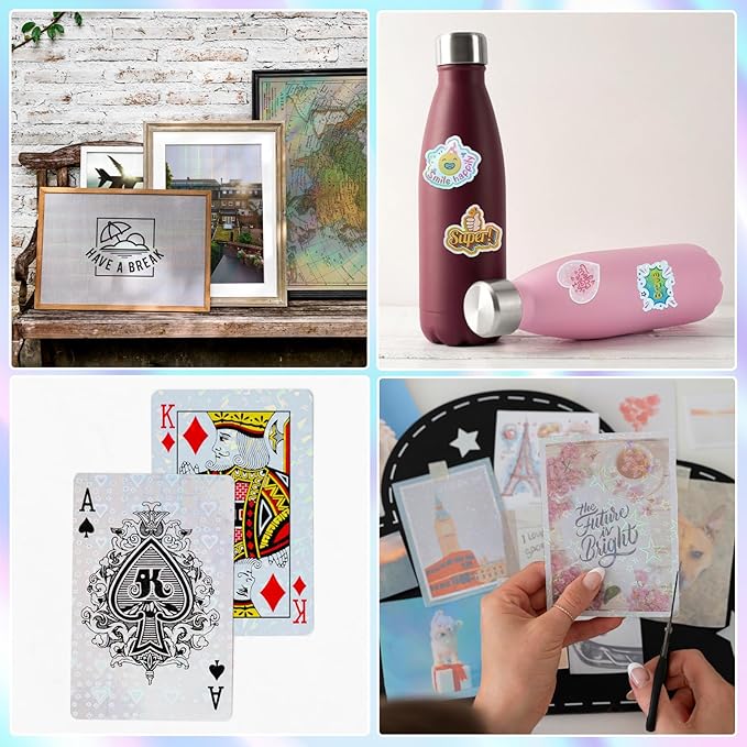 36 Sheets Holographic Sticker Paper,Holographic Laminate Sheets,A4 Size Clear Vinyl Sticker Sheets Self-Adhesive Rainbow Overlay Sheets with 6 Styles Mixed,11.7 x 8.3 Inches