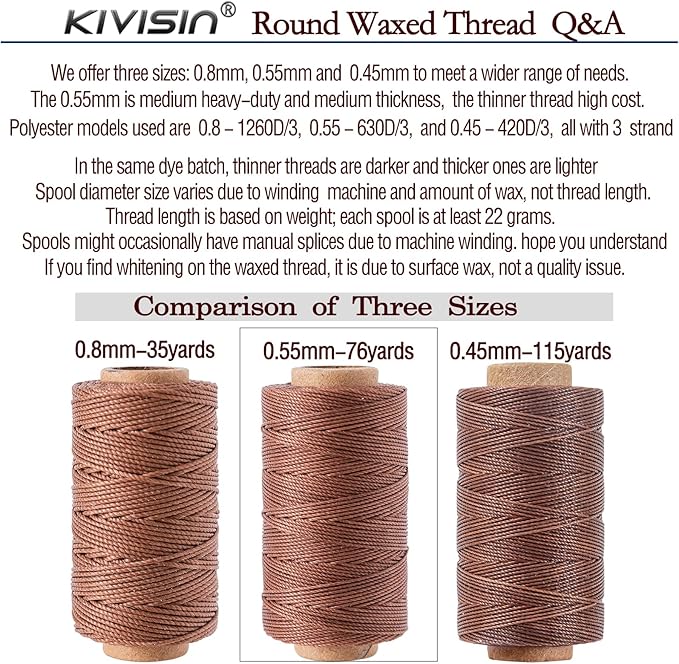 Round Polyester Waxed Thread 0.55mm, 12 Neutral Colors 76 Yards/Spool Wax Coated String Thin Cord for Leather Upholstery Sewing, Stitching, Bookbinding, Beading, Micro Knotting and Braiding