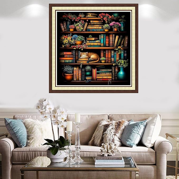 Findvoor Counted Cross Stitch Kits for Adults Full Range of Cross Stitching Embroidery Unprinted Pattern for Beginners, 11CT Needlepoint Kit Patterns Embroidery Kits-Bookshelf Cat 18x18 inch
