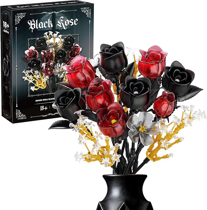 Rose Flower Bouquet Building Set for Adults, Halloween for Women Teen Girlfriend, Artificial Floral Botanicals Collection Gothic Decor for Home or Office (414 PCS)