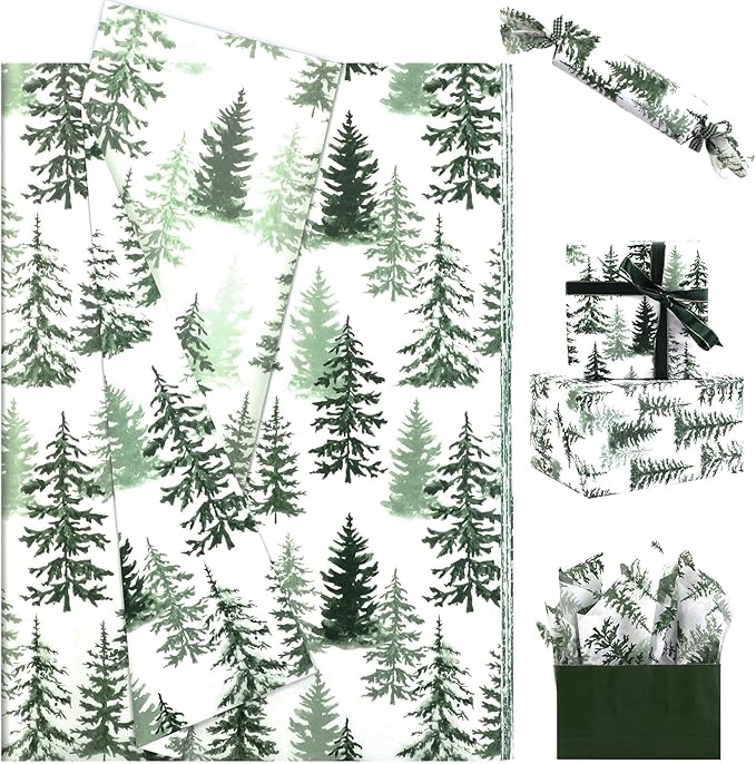 100 Sheets Christmas Tree Tissue Paper, 20x14in Forest Style Wrapping Tissue Watercolor Xmas Tree Art Tissue for Xmas Party Gift Bag Fillers Winter Party Decor (Green)