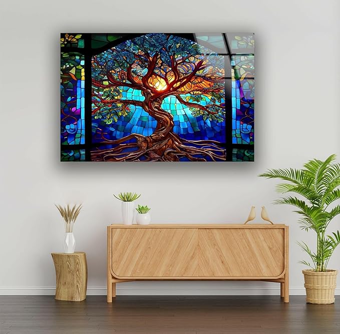 My Photostation.com 20Wx14H'' Stained Blue Life of Tree Glass Wall ArtTempered Glass Printing Wall Decor Large Wall Art Wall Hangings