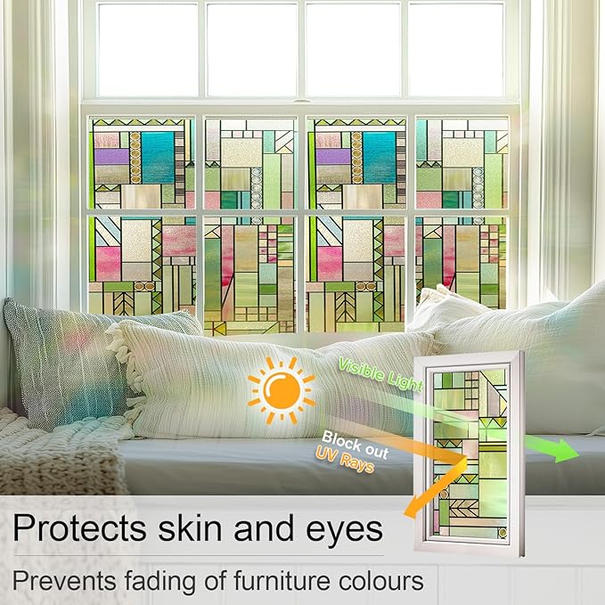 3D Stained Glass Window Privacy Film, Heat Control UV Blocking Static Cling Decorative Window Film for Bathroom,Front Door,Home Non Adhesive 35.4 x 78.7 inches Colorful Abstraction
