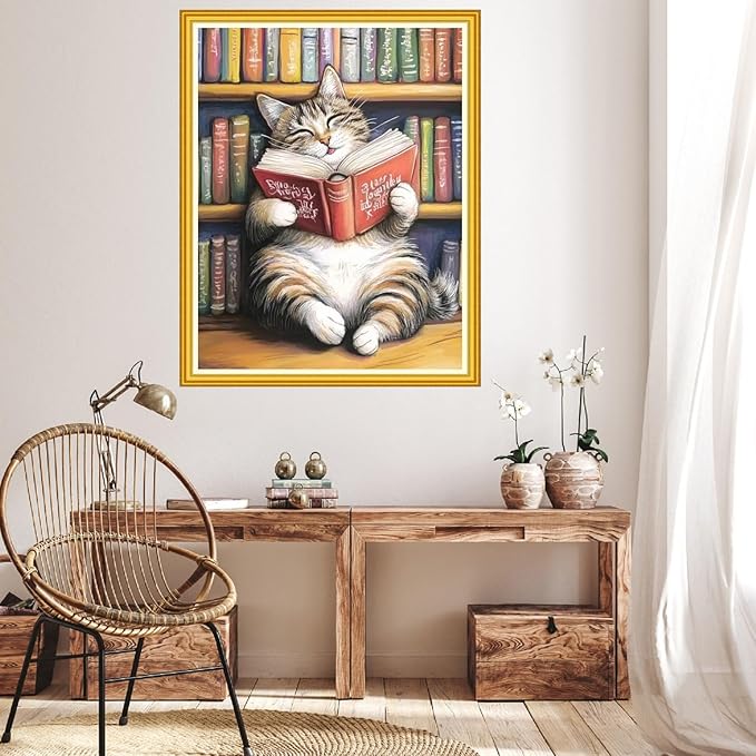 Hopeart Stamped Cross Stitch Kits for Beginner Embroidery Kits for Beginners Adults DIY 11CT Cross Stitch Patterns Needlepoint Kits Crossstitching Kits-Cat Reading 16x20 inch