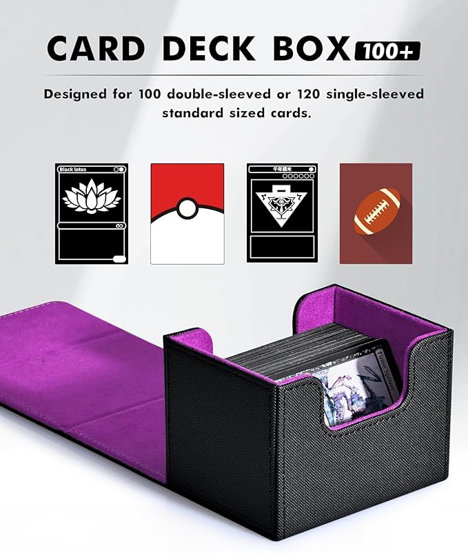 ZLCA Card Deck Box for Trading Cards, MTG Commander Deck Box Holds 120+ Single Sleeved, Leather Magnetic Card Storage Case Fits for TCG CCG Magic (Black& Purple)