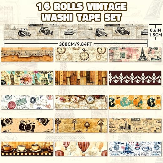 Washi Tape Set 16 Rolls, Decorative Tape, Vintage Washi Tape, Craft Tape, Scrapbook Tape, Washi Tape for Journaling, Washy Tape, Travel Washi Tapes