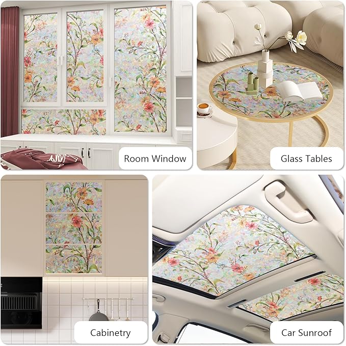 NINETREX Window Privacy Film,Stained Glass Window Film,Rainbow Decorative Stickers Static Cling Anti UV Heat Control for Home Decor (Galsang Flower,35.4 x 157.4inch)