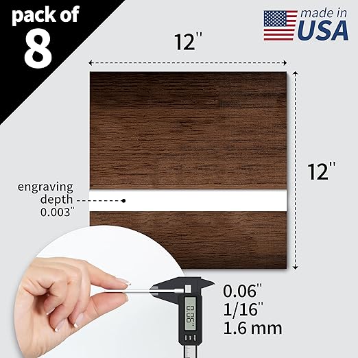 Trotec TroLase | 12"x12"x1/16", 8 Pcs | English Walnut/White | 2 Ply | Modified Acrylic | Laser Engraving Double Color Plastic Sheet | Engraving Blanks for Laser, Saw, Guillotine | Made in USA
