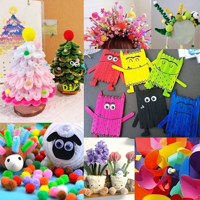 FUNZBO Arts and Crafts Supplies for Kids -Kids Craft Kit with Pipe Cleaners, Popsicle Sticks, Pompoms & Stickers, All in One Homeschool Supplies, Toys Crafts for Girls Boys Age 4+