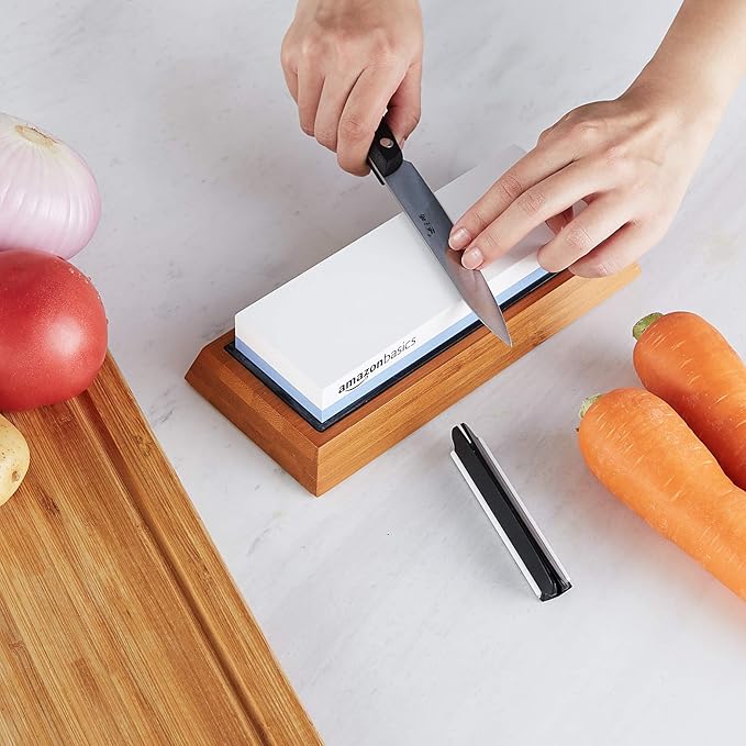 Amazon Basics Whetstone Knife Sharpening Wet Stone Dual Sided 1000/6000 Grit with Non-Slip 1 Pc, Bamboo Base, Black & Grey