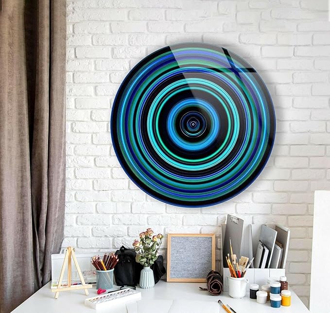 My Photostation.com 39,4''(100cm) Diameter Blue and Green Round Glass Wall Art Tempered Glass Printing Wall Decor Large Wall Art Wall Hangings