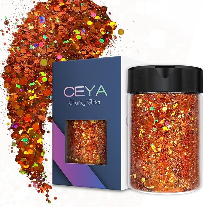 Ceya Holographic Chunky Glitter, 4.9oz/ 140g Orange Craft Fall Glitter Powder Mixed Chunky & Fine Flakes Iridescent Sequins for Pumpkin,Nail Art, Hair, Epoxy Resin, Tumblers, Slime, Festival Decor