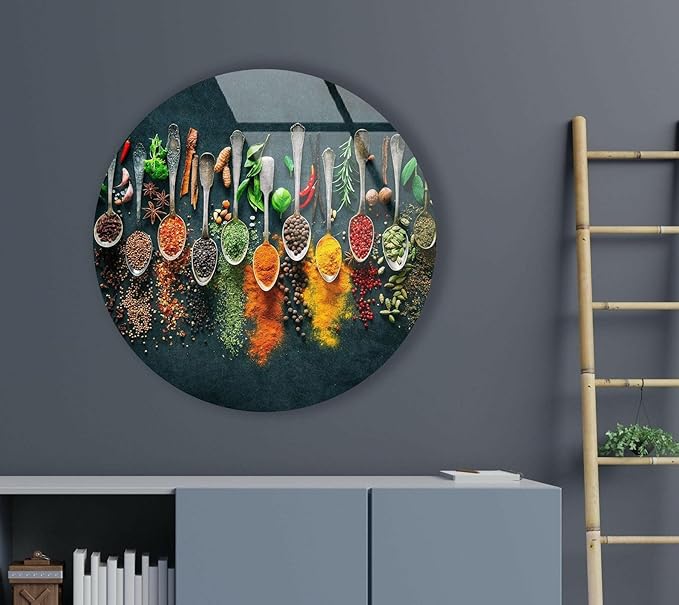 My Photostation.com 10''(25cm) Diameter Colorful Herbs Round Glass Wall Art Tempered Glass Printing Wall Decor Large Wall Art Wall Hangings