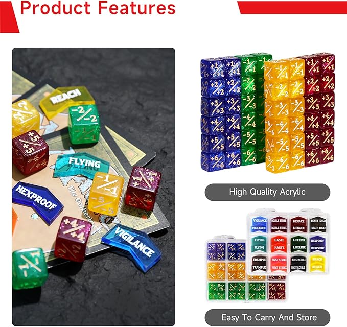 SIXPOINTS 108PCS 12mm MTG Counter Dice +1/+1 Tokens 6 Sided Dice & Keyword Counters Tokens Set for Magic The Gathering, MTG, TCG, Card Games Accessories