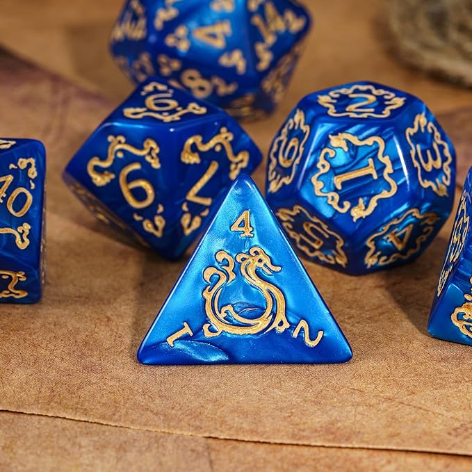 7-Die DND Dice Set Dragon Pattern Polyhedral Die with Leather Bag D&D Dice Set for RPG Table Games (Blue W/Gold Dragon Pattern)