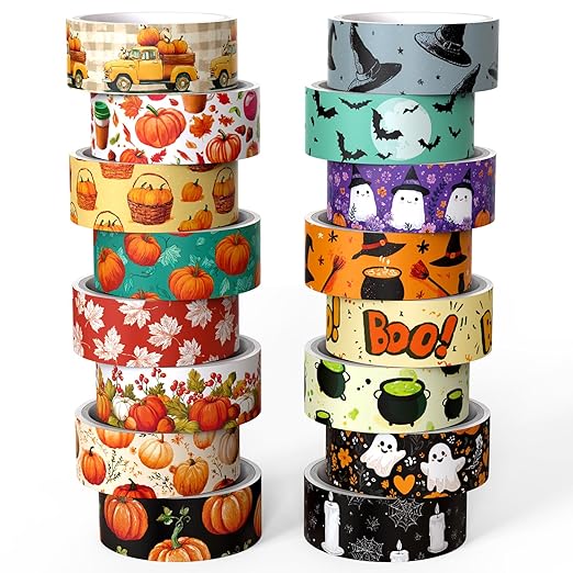 Halloween Washi Tape Set 16 Rolls, Fall & Spooky Decorative Tape, Autumn Washi Tape for Journaling, Crafts, Pumpkin Decor (0.6" x10 ft) - Autumn Leaves, Bats, Pumpkins, Vintage Horror