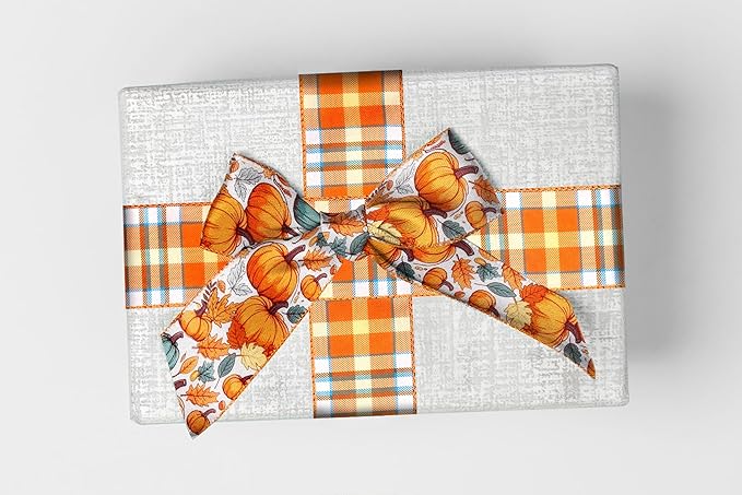 2 Rolls 2.5 Inch x 20 Yards Thanksgiving Fall Wired Ribbon for Crafts Wreath Bows Pumpkin Autumn Leaves Ribbons Orange Plaid Ribbon for Gift Wrapping Thanksgiving Party Home Decoration