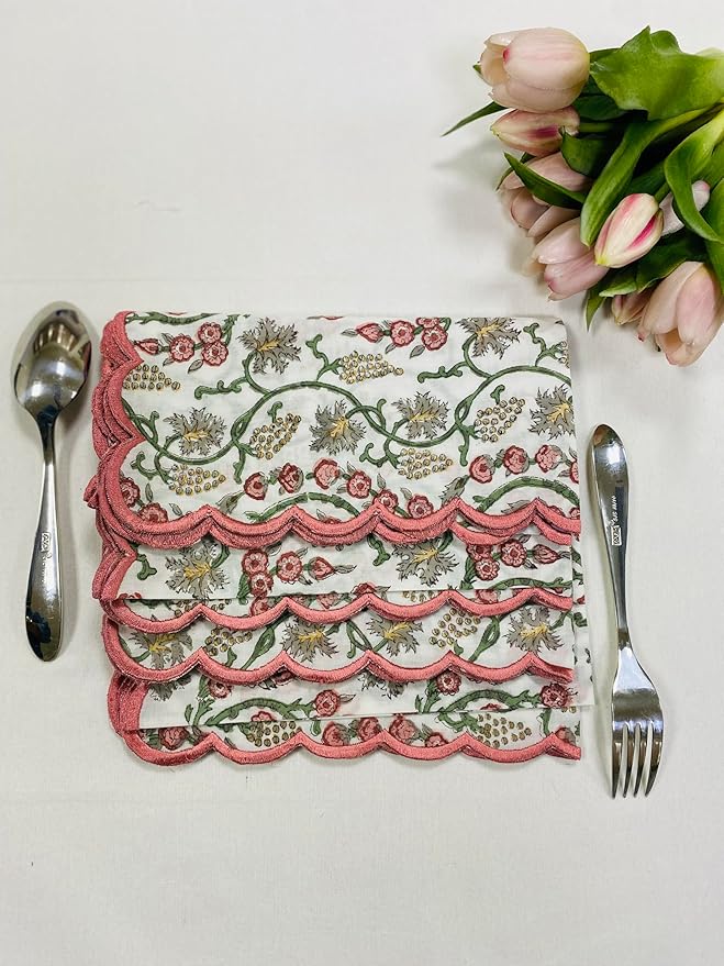 Ridhi Coral Pink Hand Block Print Napkins 18" x 18" Set of 4 Reusable Cotton Dinner Napkins for Weddings, Parties & Everyday Dining, Thanksgiving, Christmas, Fall