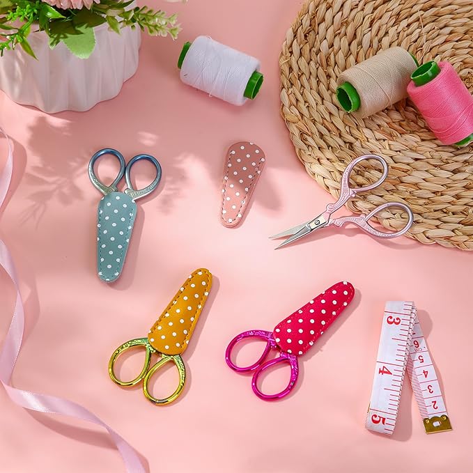 Honoson 4 Pcs Sewing Embroidery Scissors with 4 Pcs Artificial Leather Cover 3.6 Inch Stainless Steel Stork Scissors Vintage Embroidery for Needlework Manual Sewing Handicraft(Classic Colors)