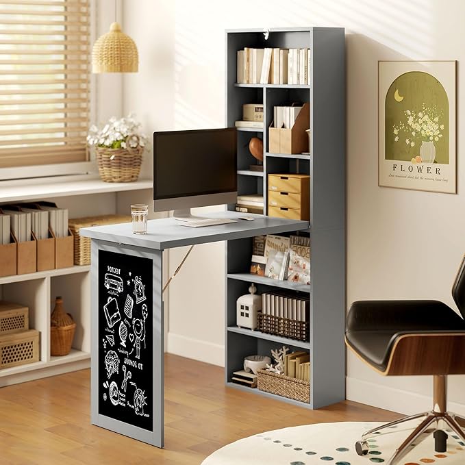HOMCOM Fold-Out Convertible Writing Table, Wall Mount Desk Cabinet with Blackboard and Side Shelf Multi-Function Home Office Workstation, Charcoal Gray