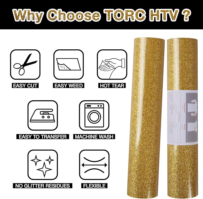 TORC Gold Glitter HTV Heat Transfer Vinyl Roll 12 inch x 20 ft Sparkly Iron on Vinyl for T Shirts Crafts Bulk