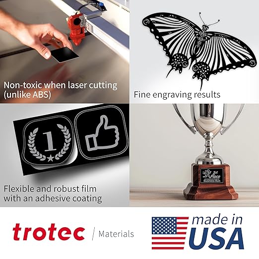 Trotec TroLase | 12"x24"x1/16", 4 Pcs | Black/Silver | 2 Ply | Modified Acrylic | Laser Engraving Double Color Plastic Sheet | Engraving Blanks for Laser, Saw, Guillotine | Made in USA