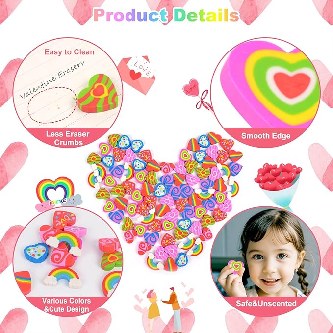 48pcs Large Erasers for Kids Bulk Heart Rainbow Pencil Erasers for Classroom Prizes Exchange International Children's Book Festival Party Favors Back to School Supplies