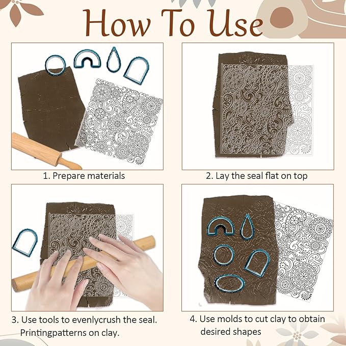 CHGCRAFT Mandala Polymer Clay Texture Sheets Scroll Pattern Silicone Texture Stamp Clay Texture Mat Modeling Pattern Pad Sheets for Jewelry and Earrings Tools, 5.5x5.5 inch