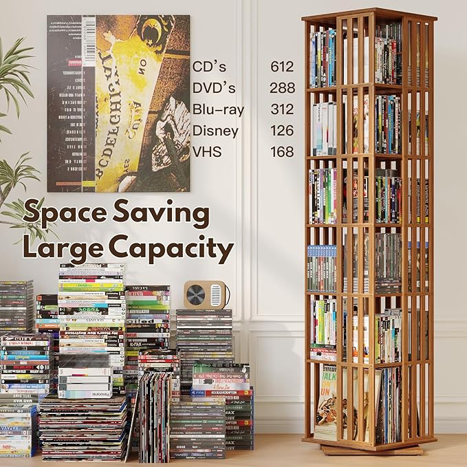 XIMN 360° Rotating Bamboo CD/DVD Shelf - 6-Tier Space-Saving Media Storage Cabinet for Movies, Organizer with Super Compact Design (Walnut, 6 Tier)