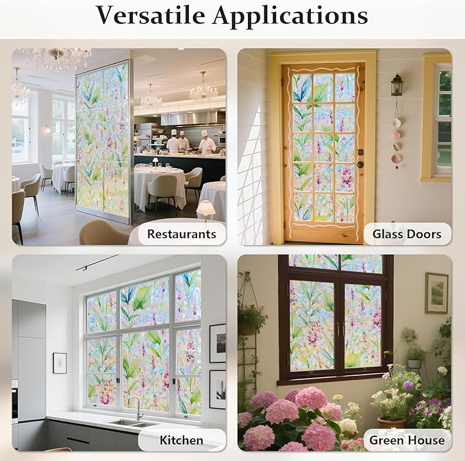 Donox Decorative Window Privacy Film, 3D Floral Stained Glass Window Film Static Cling Rainbow Privacy Sticker for Glass Door Heat Control Anti UV, No Adhesive (Gladiolus,35.4 x 157.4 inches)