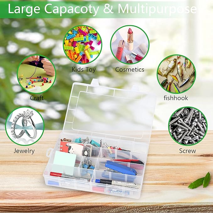 Large 24 Grids Plastic Organizer Box Adjustable Dividers,Clear Storage Box for Jewelry, Art DIY Crafts, Washi Tapes, Beads and Small Parts(2 Pack)