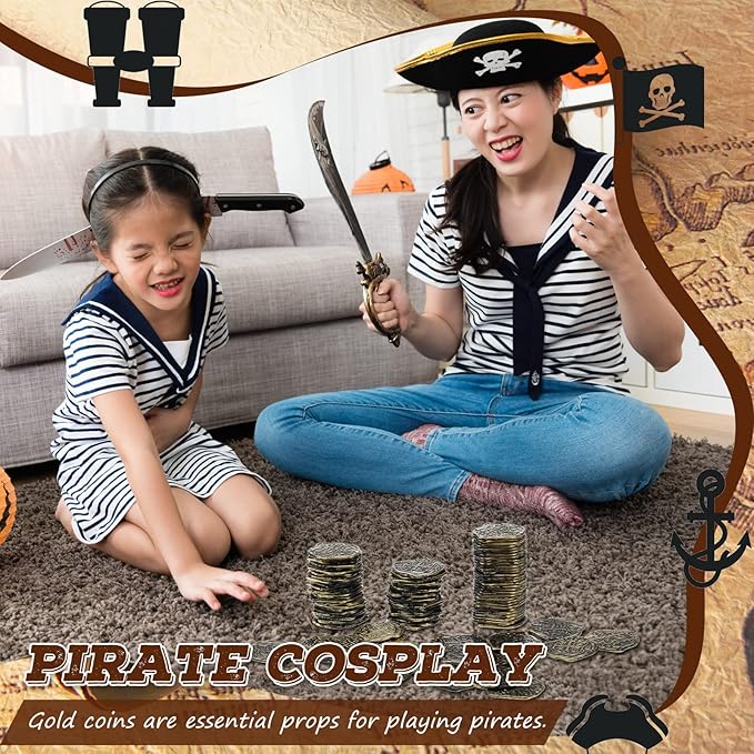Hanaive 100 Pcs Pirate Coins Plastic Kids Fake Play Coins Replica Spanish Doubloons for Pirate Party Treasure Chest Board Games Tokens Toys Cosplay St. Patrick's(Bronze)