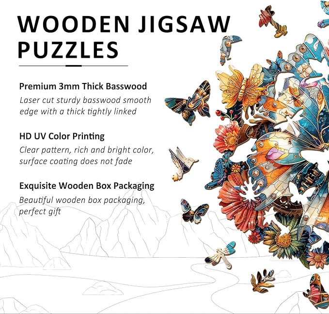 Wooden Puzzles for Adults - Mechanical Butterfly Wood Puzzles Adult - Unique Animal Shape Wooden Jigsaw Puzzles for Adults - Birthday Gifts for Puzzle Lovers, Family (13.3 * 13.3in)