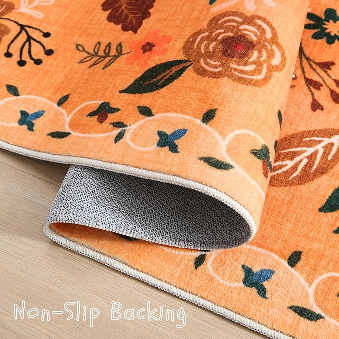 Rugcomf Living Room Rug 5x7 Rug Machine Washable Boho Area Rug Non Slip Floral Vintage Low Pile Large Rugs for Living Room, Bedroom, Farmhouse, Dining Room, Kids Playroom(Yellow)