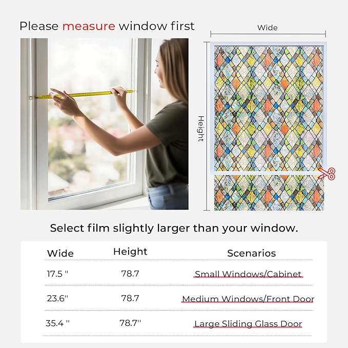 Window Privacy Film Rainbow Film Stained Glass 3D Static Cling Decorative Window Sticker for Bathroom,Front Door,Home Heat Control UV Blocking Non Adhesive,Diamond Grid 17.5 x 78.7 inches