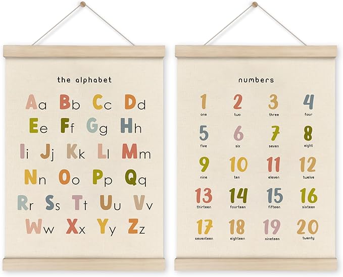 HRQKO Alphabet Numbers Poster Hanger Frame Set of 2, Nursery Wall Decor, Boho ABC Poster Wall Art with Wooden Frames, Cute Alphabet Banner Wall Hanging Decor for Toddlers Room Playroom, 12x16 Inch