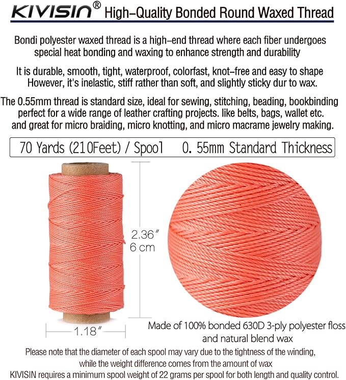 10-Year Popular Assorted Colors Round Waxed Thread -0.55mm 70 Yards 12 Spools Stiff Polyester Wax Cord for Beading, Leather Sewing, Bookbinding, Bracelets Braiding, Micro Macrame Craft Making