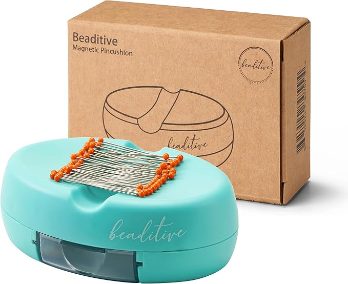 Beaditive Magnetic Pin Cushion with Drawer - Strong Magnet Pin Holder Cushion for Sewing - 50 Glass Head Quilting Pins Included - Chic Pincushion Caddy for Sewing Pins, Paper Clips, Screws – Turquoise