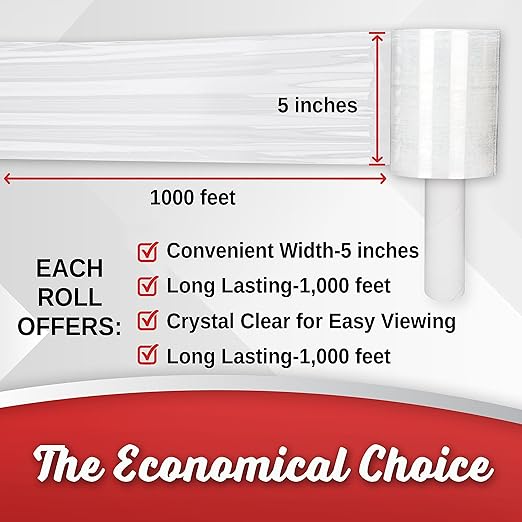 8 Pack Industrial Strength Mini Hand Stretch Wrap 5" 1000 Ft. Roll 80 Gauge Thick, Shrink Wrap Roll for Moving Supplies, Furniture, Pallets, Plastic Wrap for Packing, Heavy Duty Stretch Film