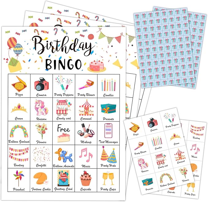 Birthday Party Bingo Game Cards(24 Players), Birthday Bingo Card for Family Friend Adult, Large Group Holiday Party Activity Favor Decoration Supplies -002