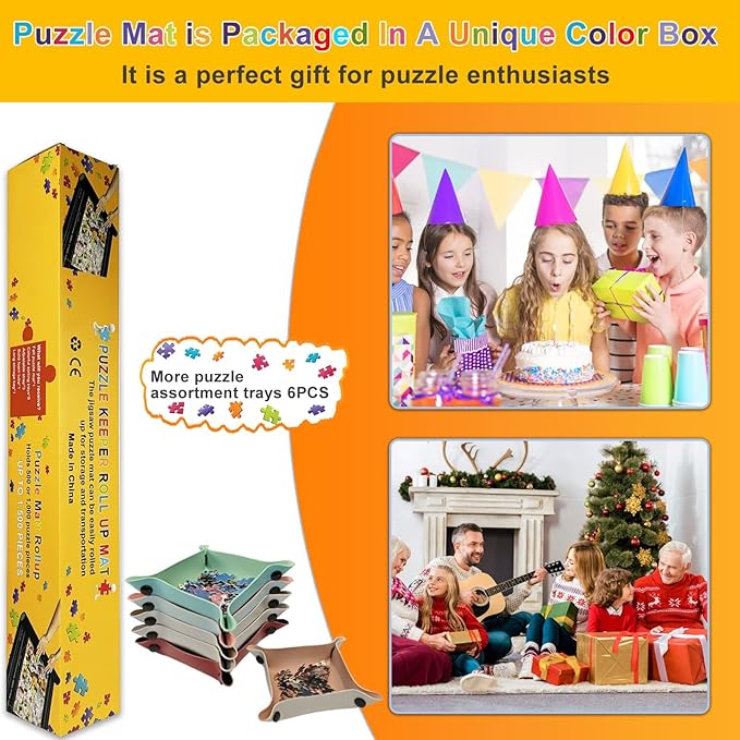 Napzy Rubber Puzzle Mat,Puzzle Matt Rollup,1500 Piece Puzzles Play Mat Has 6PCS Leather Puzzles Sorting Trays,41'' * 25'' Portable Jigsaw Keeper,Jigsaw Saver Board Roll Up with Storage Bag,Gift Box
