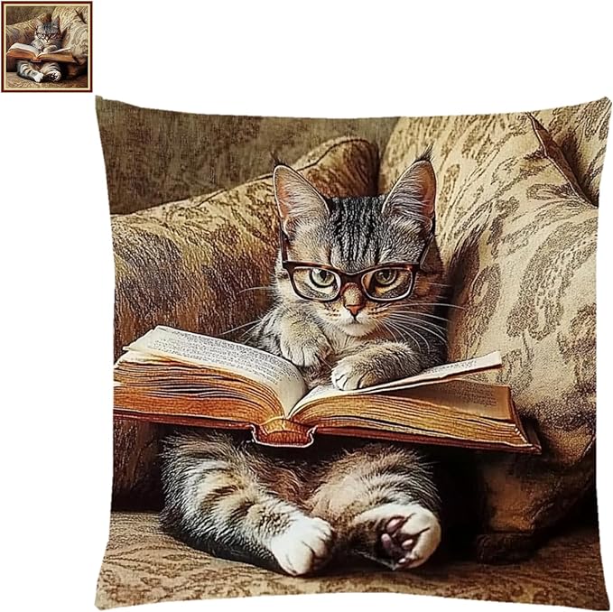 Stamped Cross Stitch Kits for Adults Beginners Pillow Needlepoint Kit with Embroidery Pattern Needlework Kit Prestamped Stitches Kit 11CT Cross Stitching-Cat Reading 18x18 inch
