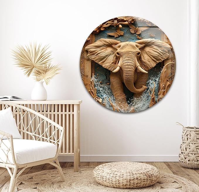 My Photostation.com 14Wx20H'' Elephant Carving Glass Wall Art Tempered Glass Printing Wall Decor Large Wall Art Wall Hangings