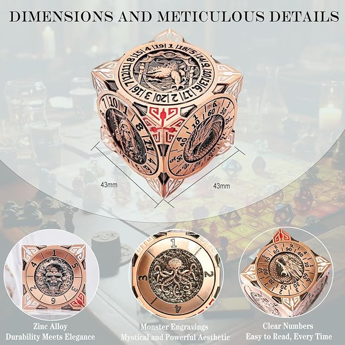 6 Sided Spinner DND Dice - Metal D4 D6 D8 D10 D10% D12 D20 All in One D&D Set - Cool Role Playing Gifts for Dungeons and Dragons TRPG MTG Games Lover Players Red Copper