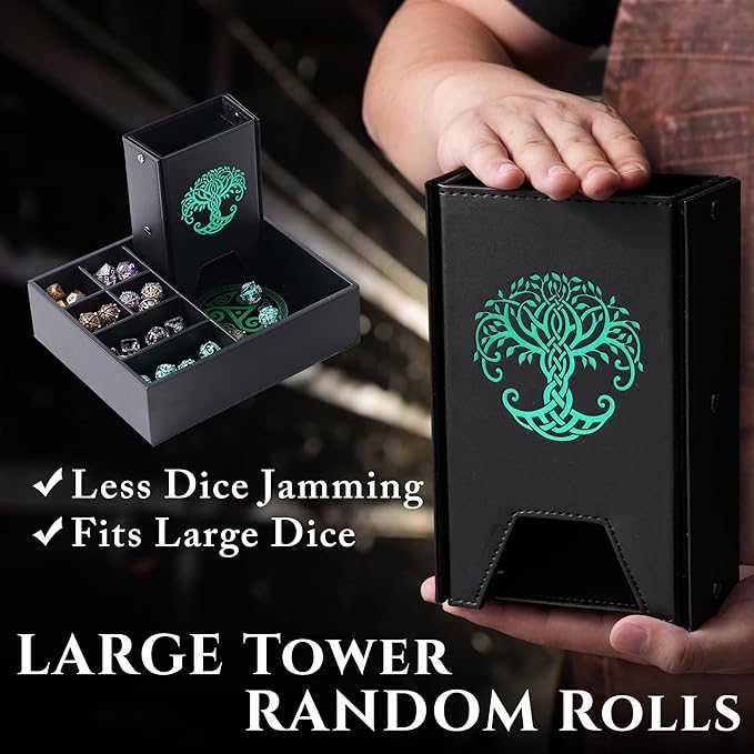 Dice Tray and Dice Tower for DND and RPG - All-in-One Game Roamer Tray & Large Tower for Random Rolls - Stores Your Sets, Mini's and More Compatible with D&D (Green Tree)